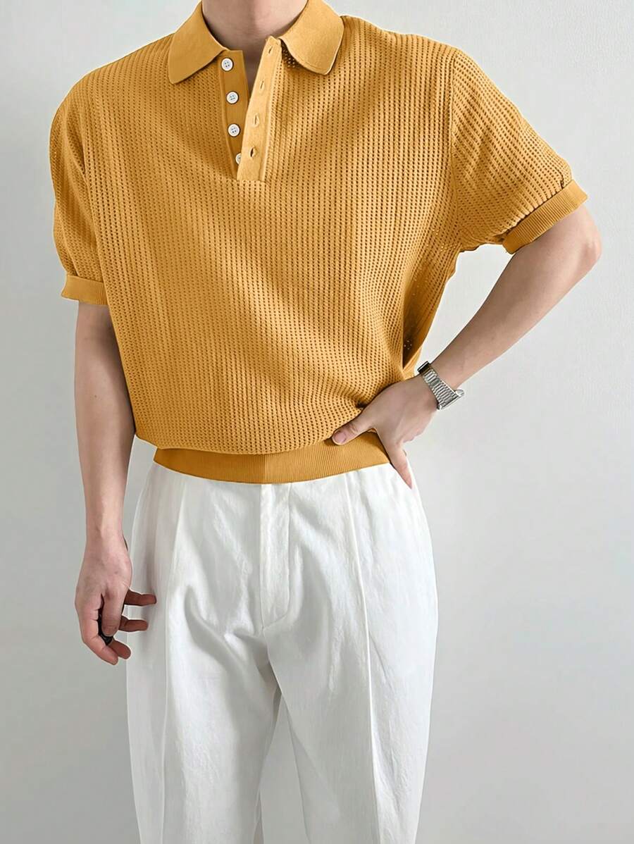 Manfinity CasualKnits Men's Solid Color Front Button Closure Short Sleeve Casual Knit Top - Ginger - View 1