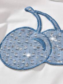 SHEIN 2pcs Tween Girls Blue Cherry Sequin Patch Shirt With Blue Layered Cake Skirt, Cute & Fashionable Spring/Summer Outfit - Red - View 7