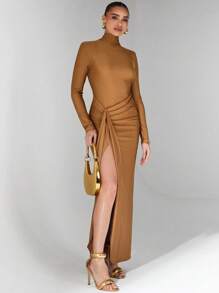 Glamine Hoher Kragen, Langarm, seitlich plissierte Volants am Vorderteil, Rüschen am Rücken, Reißverschluss hinten, schlanke Maxikleid aus Strick für alle Jahreszeiten, sexy elegante Abendkleider für besondere Anlässe, gestrickte Kleider, elegante Damenkleider