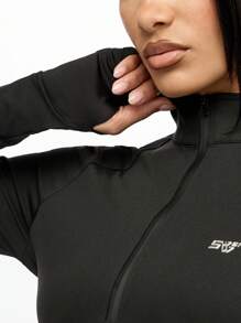 SUMWON WOMEN Hochleistungs-Halfzip Crop Athletik-Top mit Daumenöffnungen, schnell trocknend, aktives Training, Laufen, Fitness, Yoga, Sport, Langarm Kompressionsshirt