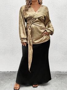 SHEIN CURVE+ 带领带的 V 领长袖缎面衬衫 - 彩色 - 查看 4