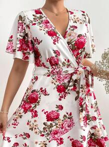 Flirla 大码波西米亚风 V 领花卉印花荷叶边裹身裙，优雅海滩度假休闲及膝连衣裙，女士春夏 - 彩色 - 查看 2