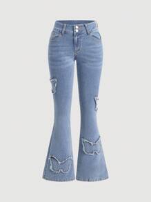 SHEIN EZwear 女式蓝色牛仔喇叭牛仔裤，休闲紧身弹力，春季女装 - 藍色 - 查看 1