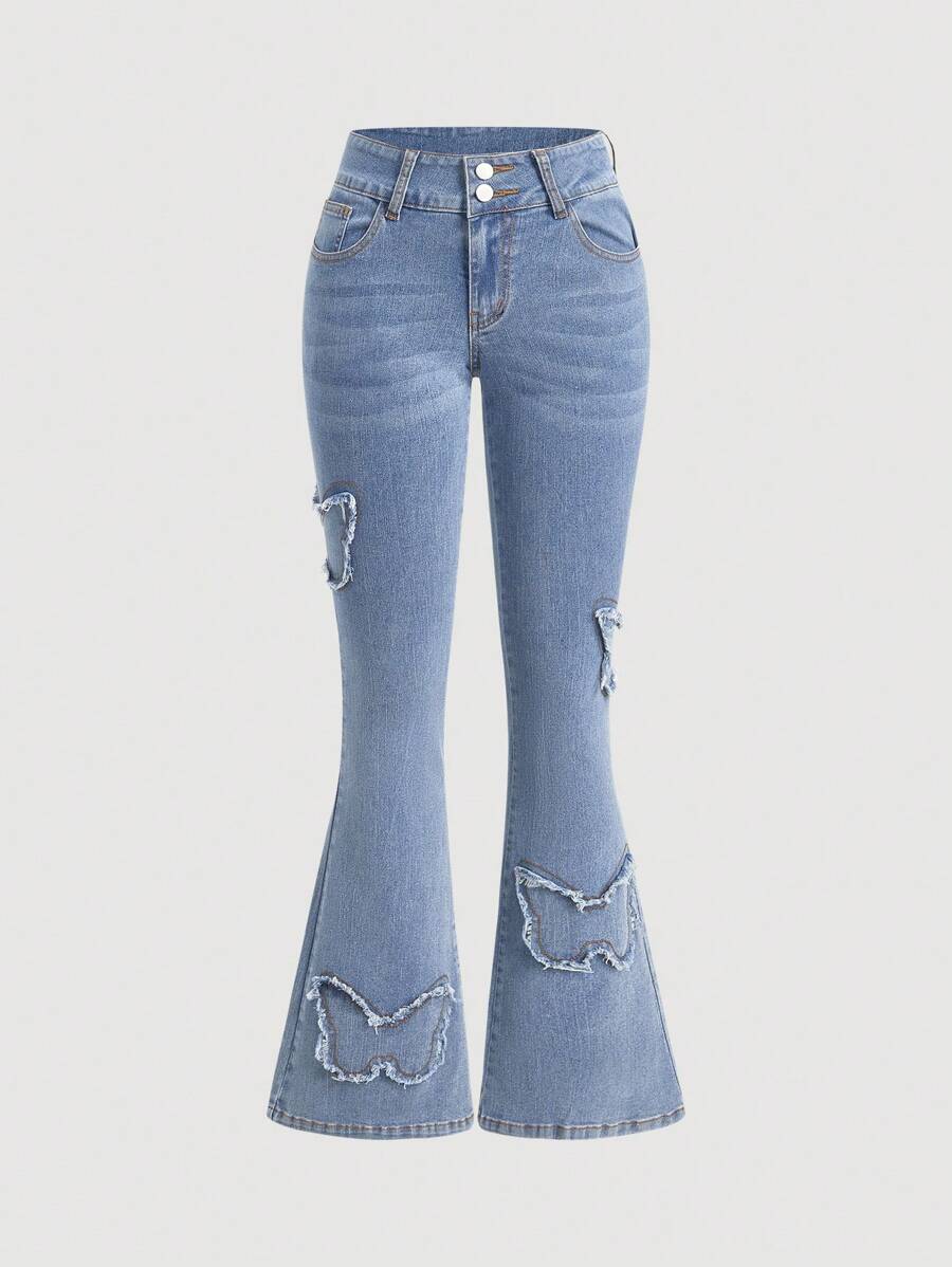 SHEIN EZwear 女式蓝色牛仔喇叭牛仔裤，休闲紧身弹力，春季女装 - 藍色 - 查看 1