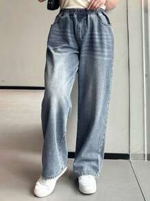 Dazy Petite Plus Plus Size Washed Distressed Loose Wide Leg Long Denim Jeans, All Season,Baggy Jeans - Blue - View 8