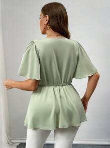 SHEIN Unity Plus Size Women's Solid Color Ruffled Hem Short Sleeve Blouse - Green - View 2