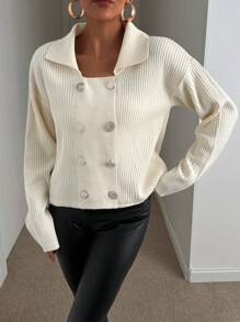 EURMUSE 休闲纯色双排扣翻领针织开衫