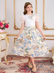 SHEIN 2pcs Tween Girls Bow Decor Bubble Short Sleeve Tee & Embroidered Pleated Skirt Spring/Summer Outfit Set - Multicolor - View 1