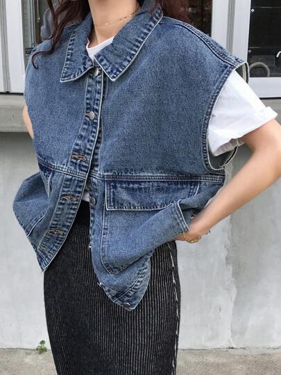 FRIFUL 女式蓝色牛仔宽松无袖夹克休闲外套，返校服装