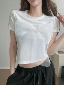 DAZY 女士纯色短袖 T 恤，简约时尚休闲日常 - 白色 - 查看 2