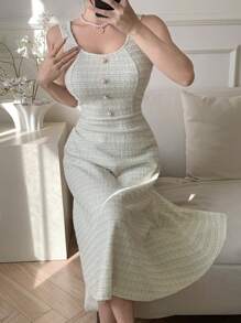 DAZY U领无袖格子长连衣裙，女士舞会礼服，吊带裙，休闲女装，优雅女装 - 米色 - 查看 10