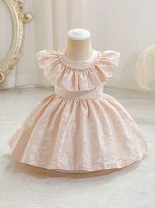 SHEIN Glamorique Kids Robe élégante pour bébé fille, de couleur champagne en jacquard, robe de princesse pour soirée de gala du 1er anniversaire de bébé avec garniture de volants