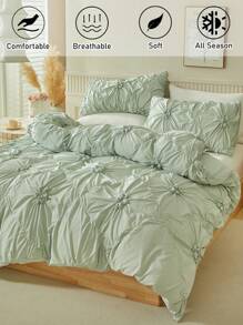 2/3pcs Set Pale Green Ruched Microfiber Duvet Cover Set, Simple Solid Color Farmhouse Style Bedding Set, Suitable For All Seasons, Queen Size (1 Duvet Cover + 1/2 Pillowcases) - Pastel Green - View 2