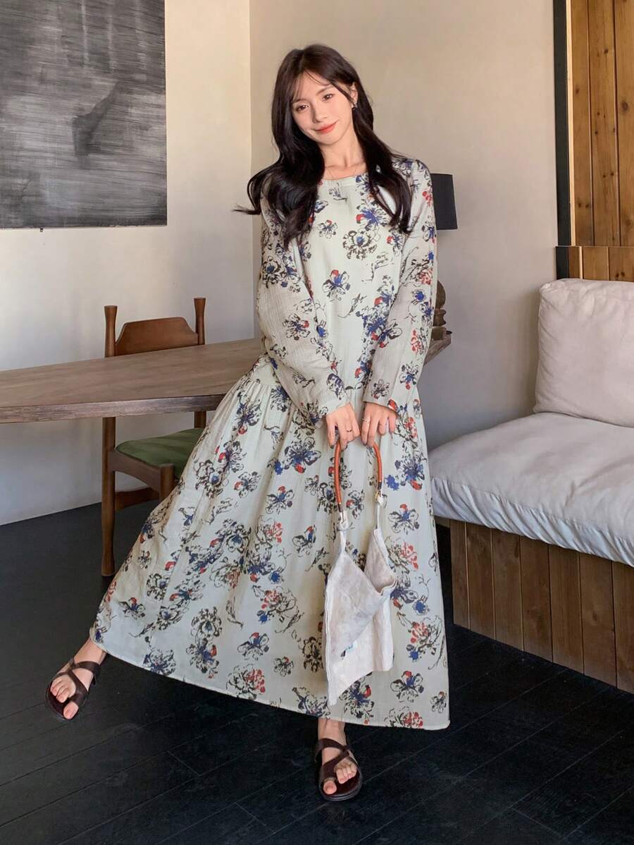 FRIFUL Đầm linen họa tiết hoa nhí cho nữ, thời trang mùa xuân, đầm tay dài mùa thu, trang phục đi nghỉ mát, phong cách boho. - Nhiều màu - Xem 1
