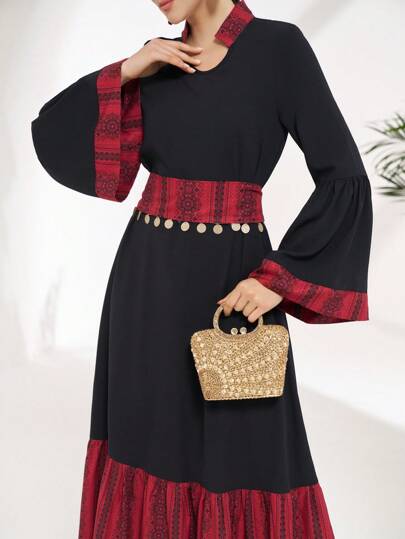 Al Najma Women Simple Plain Patchwork Long Sleeve Casual Arabic Style Top Blouse,Modest