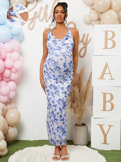 Loomaby 2pcs/Set Maternity Halter Neck Top And Skirt, Minimalist Fashion Casual Daily Wear, For Baby Shower Party, Gender Reveal