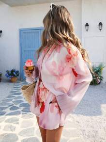 Vivid Eden 浪漫花朵印花衬衫和短裤套装，褶皱纹理面料，适合海滩、野餐、度假春夏装、夏装、情人节、女士度假装、女士海滩装、节日、浪漫优雅服装、波西米亚风、波西米亚风、甜美、狂欢节装扮、热带度假女装、狂欢节 - 淺粉色 - 查看 7
