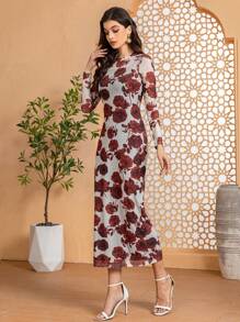 Modelyn Floral Print Round Neck Bodycon Long Sleeve Dress Maxi Women Outfit Fall Cloth For Women - Apricot - View 3