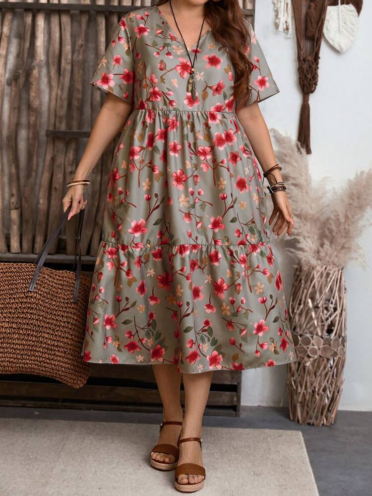 Plus Size V-Neck Short Sleeve Floral All-Over Print Country Dress Women Spring Dresses For Women Summer Outfits  Spring Outfits For Women Western Wear Women Easter Dress Women,Beach Dress Sundress,Holiday Outfits Boho