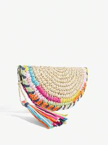 SHEIN SXY Ladies, Women Clutchs, Straw Bag, Colorful Tassels, Fashionable, Elegant, Simple, Personalized, Versatile, For Beach, Vacation, Holiday, Summer, Seaside - Beige - View 4