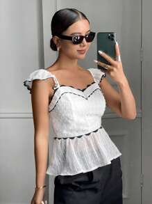 SHEIN Frenchy Women Floral Trim Cap Sleeve & Hem Blouse Summer Casual - Black and White - View 6