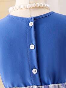2pcs Young Girl Eid Mubarak Blue Short Sleeve Bow Top And Blue Embroidered Gold Ribbon Skirt Set, Elegant Party Mini Dress - Blue - View 6
