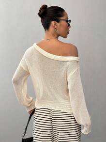 Flirla Women's Solid Color Asymmetric Neckline Long Sleeve Vacation Pullover Sweater Knit Pullover Fall Winter Sweater - Apricot - View 2