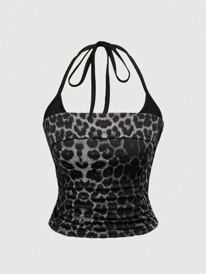 Grunge Punk Women Leopard Print Animal Pattern Crop Halter Top For Spring Break Concert Rave Festival, Sexy Halter Striped Contrast Color Tank Top