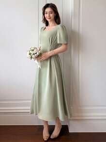 DAZY Vestido elegante de verano de media pantorrilla con cuello cuadrado y mangas cortas para mujer, vestidos formales para mujer en Pascua - Verde - Ver 4