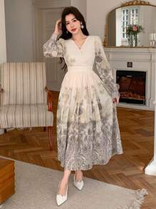 DAZY Đầm cổ chữ V in hoa thanh lịch dành cho nữ, kiểu dáng mùa xuân trang nhã, có bèo nhún, thích hợp cho đám cưới, đầm tay dài mùa thu, đầm maxi lễ Phục sinh. - Màu tím - Xem 7