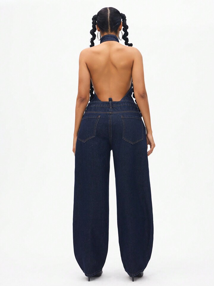 Jeanoix Street Style Deep V-Open Raw Denim Jumpsuit For