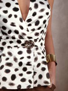 COSMINA Women's Fully Allover Print Waist Metal 3D Flower Decor Halter Neck Tank Top