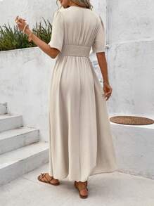 SHEIN LUNE Women's Summer Casual Black Tea Party Vacation Holiday Boho Maxi Dress,Button Front Cinched Waist Ruffle Hem Tassel Pendant Retro Urban Sun Dress - Apricot - View 2
