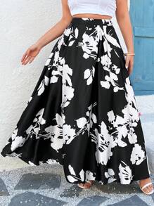 SHEIN Clasi Plus Size Women Elegant Satin Floral Pattern Long Skirt - Black and White - View 5