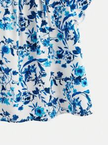 SHEIN VCAY 轻盈假日夏季宽松印花女式衬衫裙 - 藍色 - 查看 3