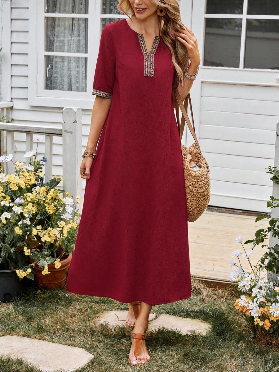 EMERY ROSE Women Casual Long Dress, Minimalist & Fashionable For Everyday Wear - Burgundy - View 1