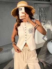 SHEIN VCAY 女士合身单排扣太阳与面孔图案吊带背心 - 白色 - 查看 1