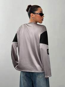 Lunelith SHEIN Lunessa T-shirt ample à manches longues pour femmes avec applique en maille numérotée