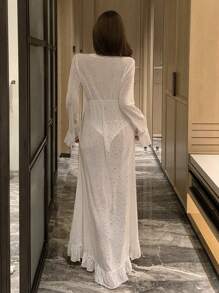DAZY Romantic Heart Sequins Decoration Sheer Short Front Long Back Ruffle Trim Tie Waist Sleepwear Robe For Women Pajama - White - View 2