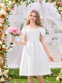 SHEIN Robe bouffante à bretelles en forme de nœud élégante et princière pour jeunes filles, convient pour les fêtes, les rassemblements familiaux, les vacances, la saison des mariages, le printemps/l'été - Blanc - Voir 4