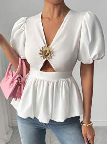 Chiquease Women's Spring/Summer Cap Sleeve V-Neck Cutout Elegant Romantic Sweet Cap Sleeve 3D Embroidered Metallic Floral Fitted Cropped Peplum Blouse, Suitable For Music Festival, Mother's Day, Casual Summer Wear - White - View 5