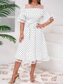 SHEIN Clasi Plus Size Mesh Patchwork Round Neck Short Sleeve Casual Dress - White - View 7