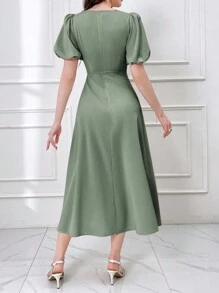 Modelyn Vestido corto, de manga corta, de unicolor, con diseño hueco y estilo casual árabe para mujer