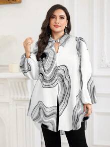 Modelyn Plus Size Women Striped Lantern Sleeve Casual Loose Blouse - White - View 3