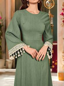 Al Najma 女士优雅连衣裙，带拼接流苏袖口和圆领