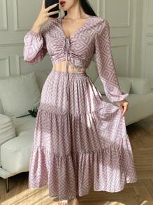 DAZY 2pcs Set Bohemian Style V-Neck Drawstring Blouse And Elastic Waist Mid-Length Skirt