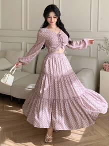DAZY 2pcs Set Bohemian Style V-Neck Drawstring Blouse And Elastic Waist Mid-Length Skirt
