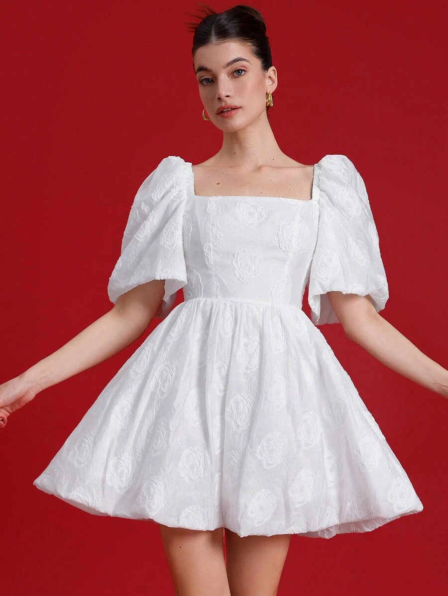 Aveloria Rosie 优雅复古泡泡袖方领合身腰部喇叭下摆 A 字型女式短裙