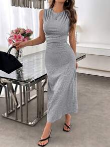 SHEIN LUNE Casual Women Round Neck Sleeveless Dress - Grey - View 6