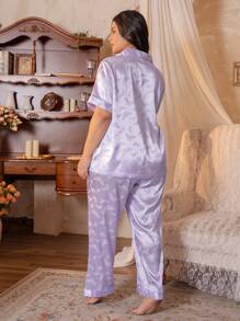 Côtesoire Plus Size Butterfly Jacquard Fabric Pajama Set - Purple - View 3